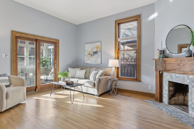 living room featuring a fireplace and light hardwood / wood-style flooring