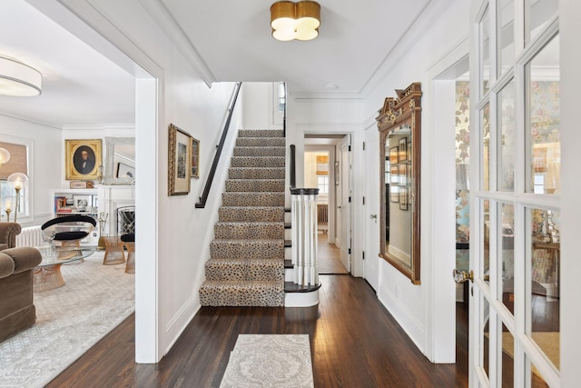 foyer entrance featuring crown molding and dark hardwood / wood-style flooring