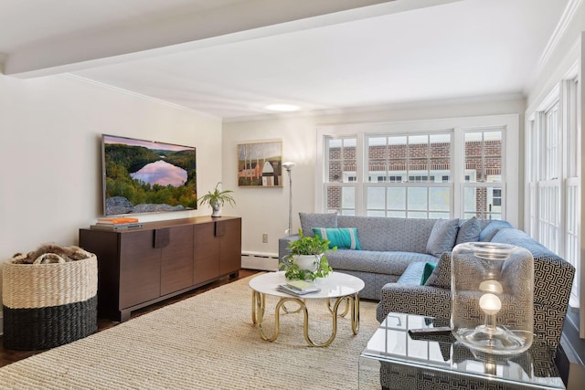 living room with hardwood / wood-style floors, ornamental molding, beamed ceiling, and baseboard heating