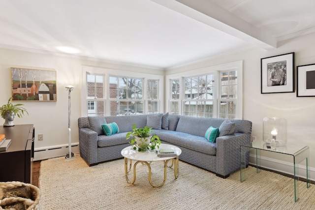 living room with beam ceiling, hardwood / wood-style flooring, a wealth of natural light, and baseboard heating