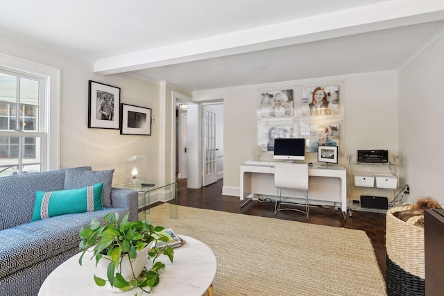 living room featuring crown molding and dark hardwood / wood-style floors