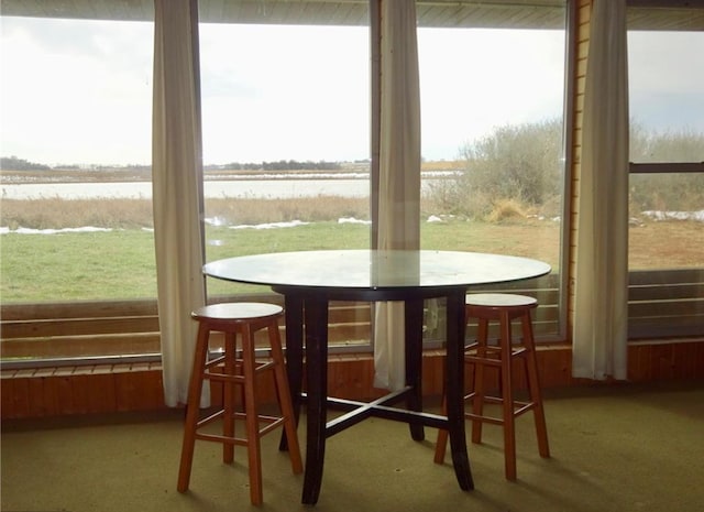 sunroom featuring a water view