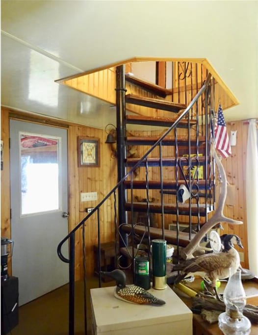 staircase with wood walls