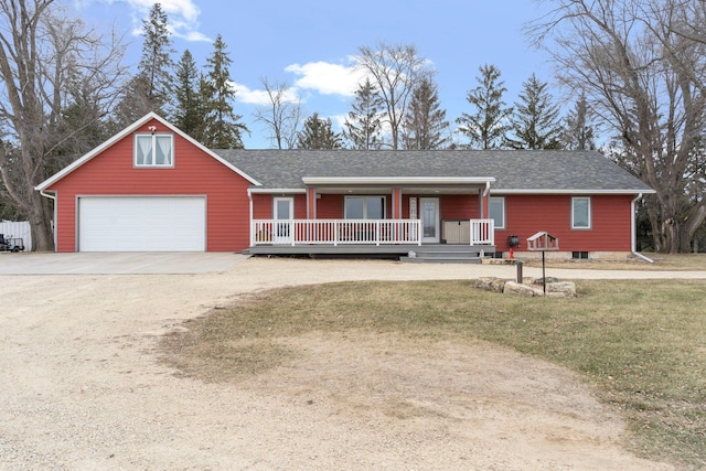 single story home with driveway, a garage, a shingled roof, a porch, and a front lawn