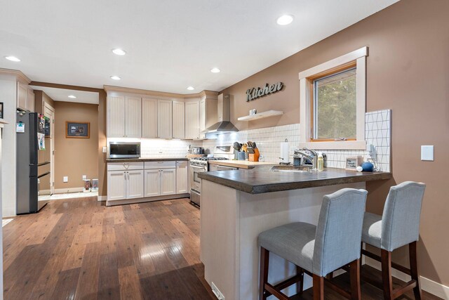 kitchen featuring stainless steel appliances, tasteful backsplash, a sink, a peninsula, and wall chimney exhaust hood