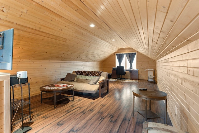 living area featuring lofted ceiling, wood-type flooring, recessed lighting, wood ceiling, and wood walls