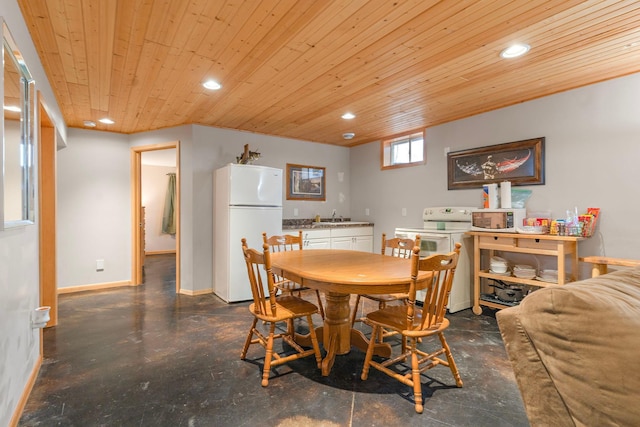 dining area featuring finished concrete floors, baseboards, wood ceiling, and recessed lighting