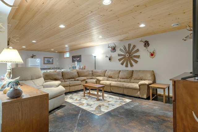 living room featuring concrete floors, indoor wet bar, recessed lighting, and wooden ceiling