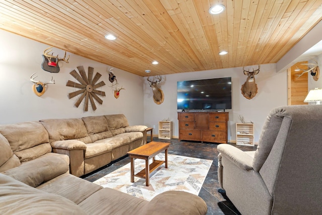 living room featuring recessed lighting and wooden ceiling