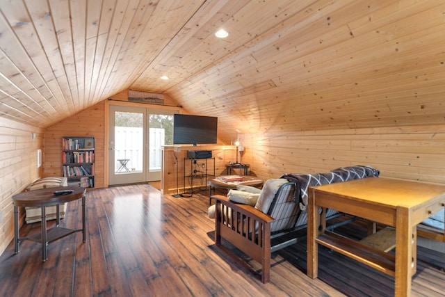living area featuring lofted ceiling, wood finished floors, wooden walls, and wood ceiling