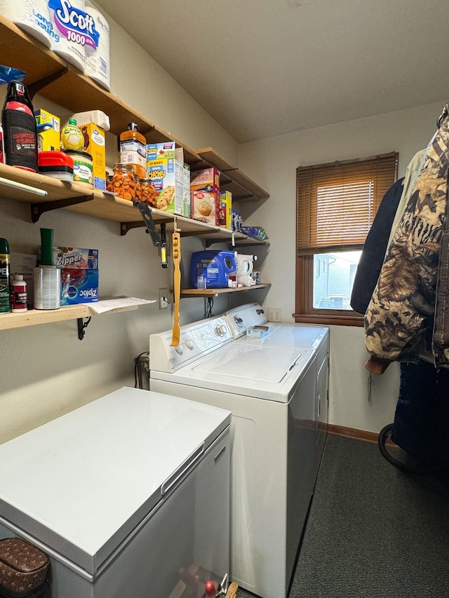 clothes washing area with carpet flooring and washing machine and dryer