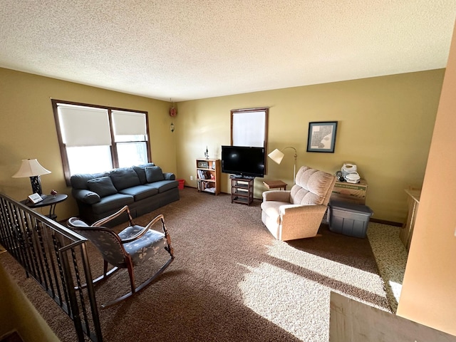 living room with a textured ceiling and carpet floors