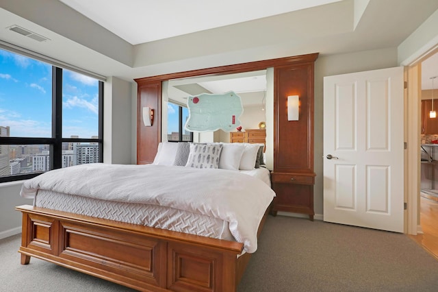 carpeted bedroom featuring a tray ceiling and multiple windows