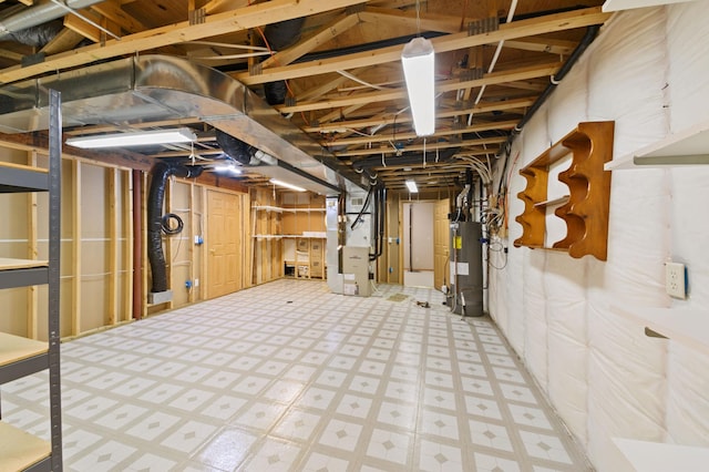 basement with heating unit and gas water heater