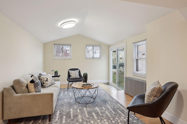 living room with lofted ceiling, radiator heating unit, plenty of natural light, and light hardwood / wood-style flooring