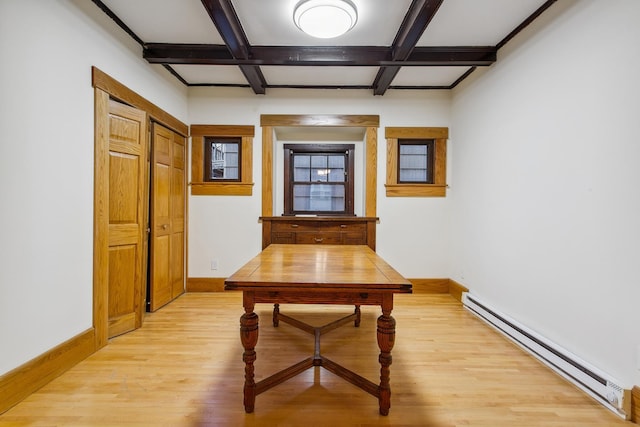 interior space with coffered ceiling, light hardwood / wood-style floors, beam ceiling, and a baseboard heating unit