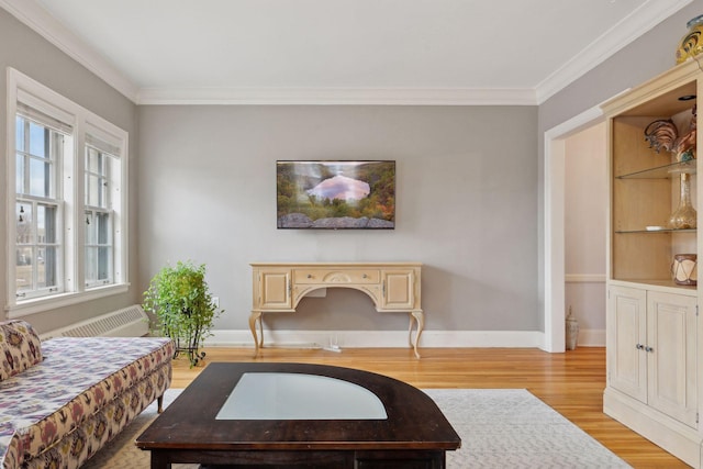 living area with crown molding, radiator, and light hardwood / wood-style floors