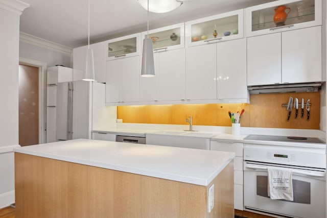 kitchen featuring sink, white appliances, a center island, ventilation hood, and white cabinets