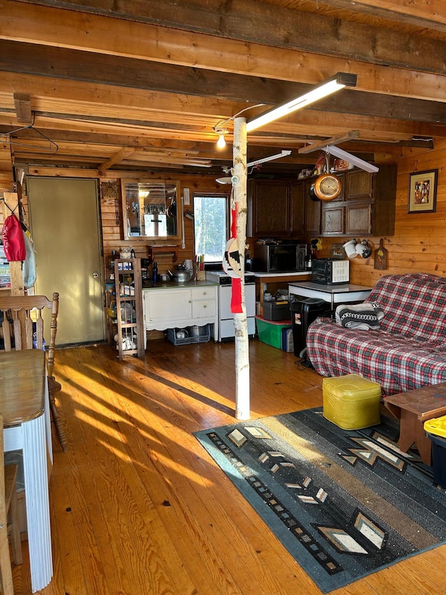 basement with wood walls and dark hardwood / wood-style flooring