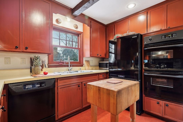 kitchen featuring black appliances, beamed ceiling, butcher block countertops, and sink