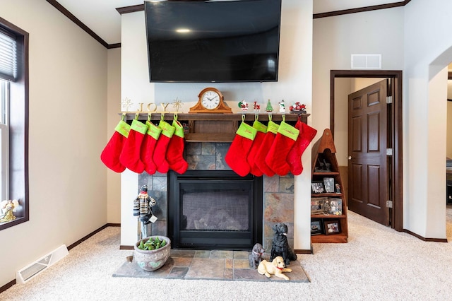 details with a fireplace, carpet, and ornamental molding