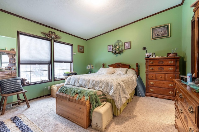 bedroom with a textured ceiling, ornamental molding, light carpet, and vaulted ceiling