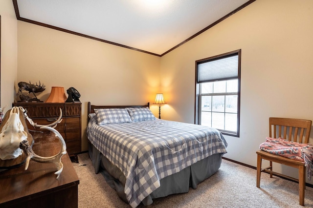 carpeted bedroom featuring ornamental molding and lofted ceiling