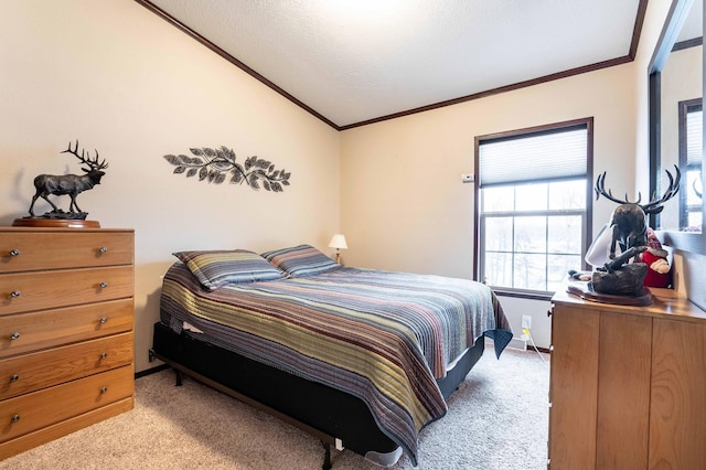 carpeted bedroom with a textured ceiling, crown molding, and lofted ceiling