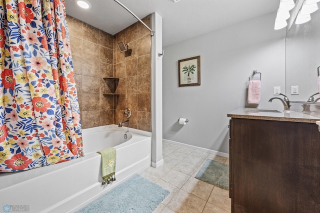 bathroom featuring shower / bath combination with curtain, vanity, and tile patterned floors