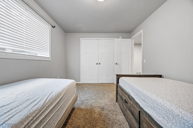 bedroom featuring carpet flooring, a textured ceiling, and a closet