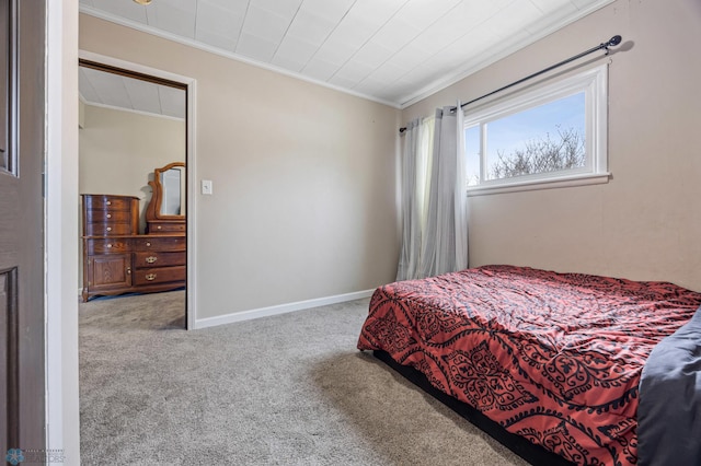 carpeted bedroom with crown molding