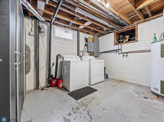 basement featuring water heater, electric panel, and washing machine and clothes dryer