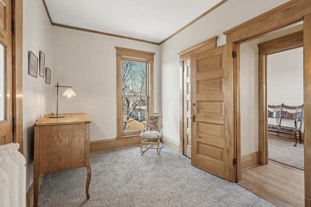 sitting room with crown molding and light hardwood / wood-style floors