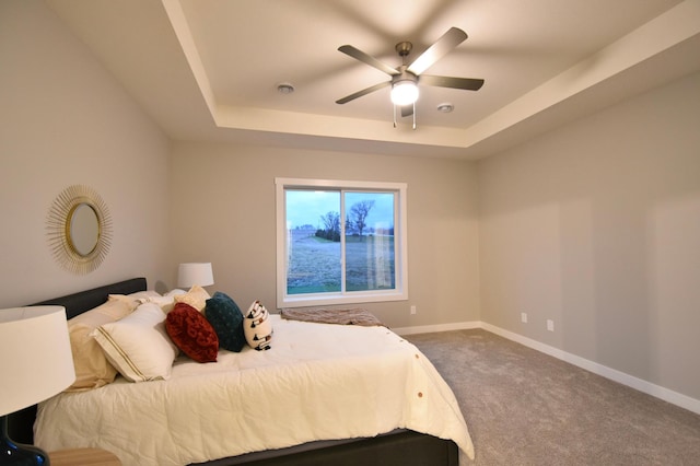 106 Fairway St, Zumbrota, MN 55992 - carpeted bedroom with a tray ceiling, baseboards, and ceiling fan