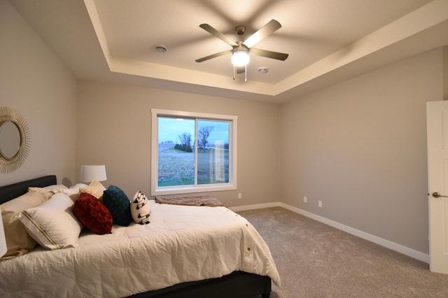 106 Fairway St, Zumbrota, MN 55992 - carpeted bedroom with a raised ceiling, baseboards, and a ceiling fan