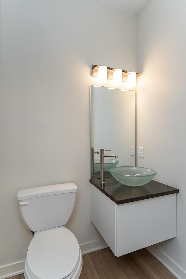 bathroom featuring vanity, wood-type flooring, and toilet