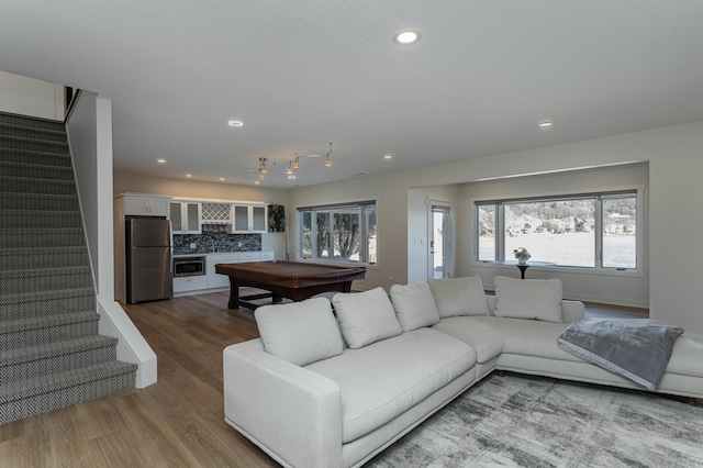 living room featuring wood-type flooring and billiards