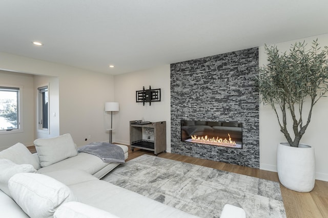 living room with a fireplace and hardwood / wood-style floors