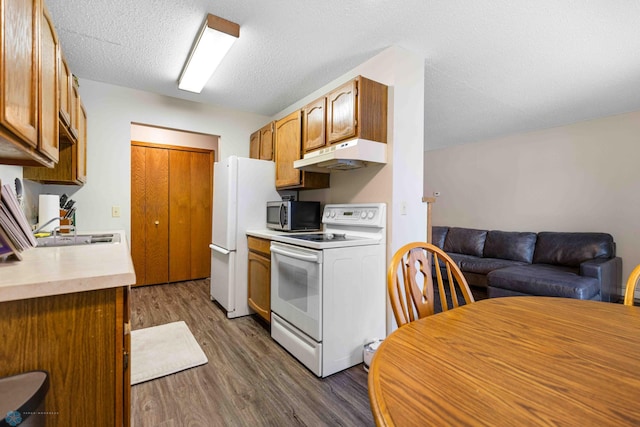 kitchen with a textured ceiling, dark hardwood / wood-style flooring, white appliances, and sink