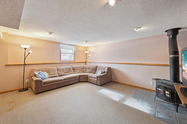 living room featuring carpet flooring and a wood stove