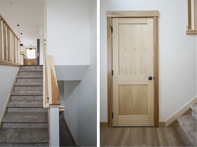 stairs featuring wood-type flooring