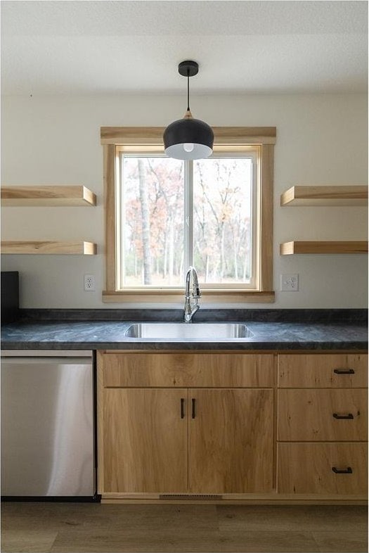 kitchen with pendant lighting, dishwasher, sink, and hardwood / wood-style floors