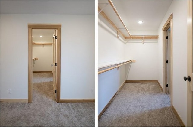 walk in closet with light carpet