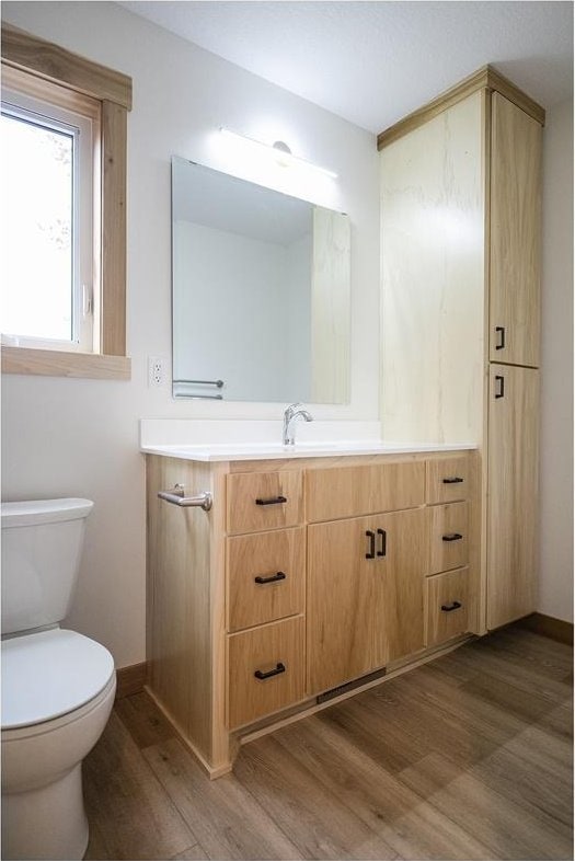 bathroom featuring hardwood / wood-style floors, vanity, and toilet