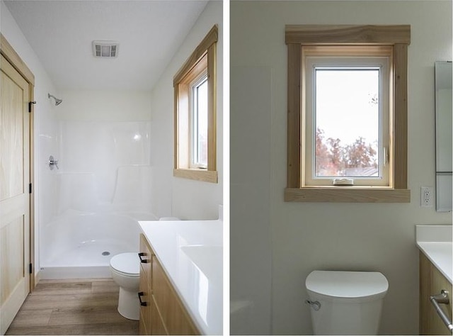 bathroom featuring hardwood / wood-style floors, plenty of natural light, toilet, and vanity