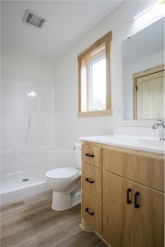 bathroom featuring vanity, toilet, wood-type flooring, and a shower