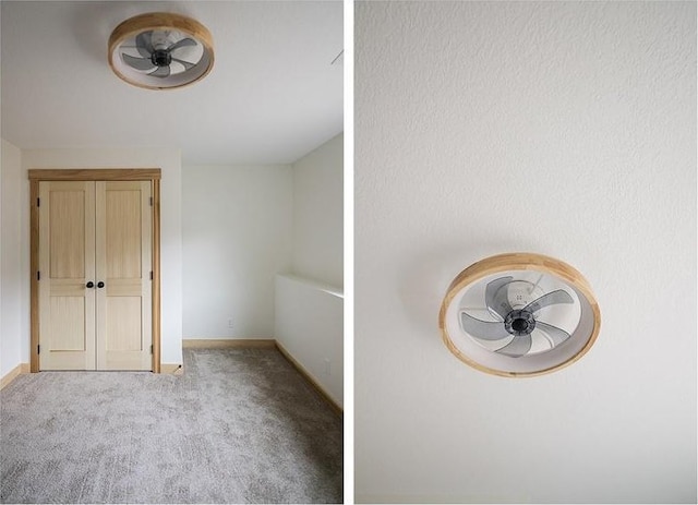 interior space with ceiling fan and light colored carpet