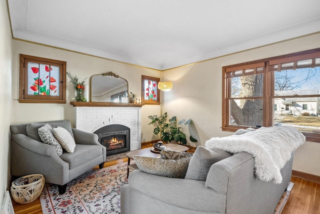 living room with hardwood / wood-style flooring, a fireplace, and ornamental molding