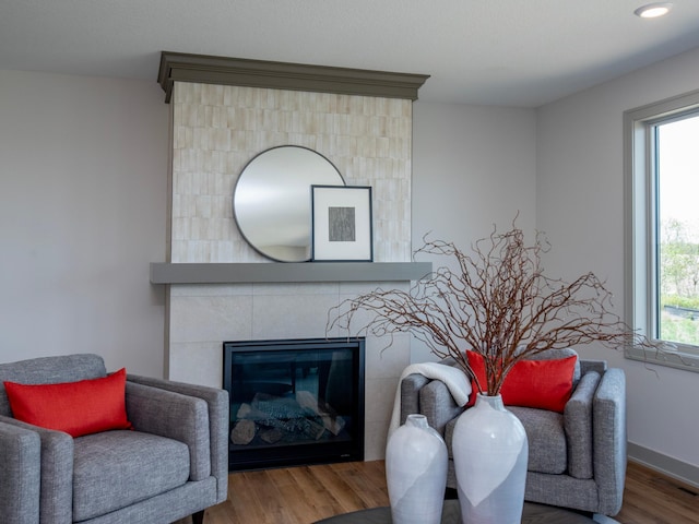 living area featuring wood-type flooring and a tiled fireplace