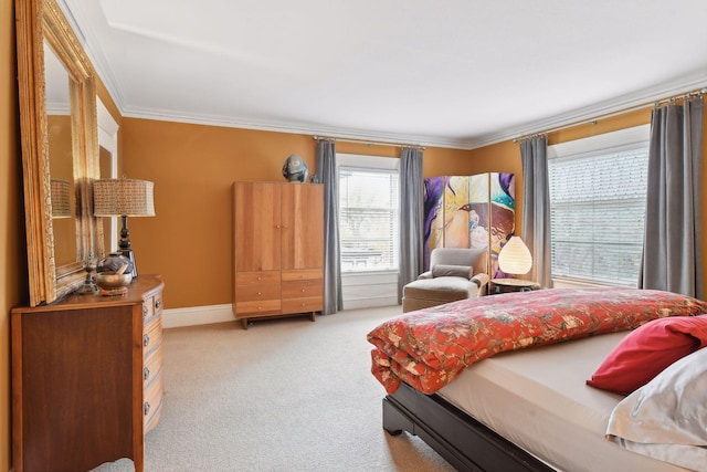 bedroom featuring light colored carpet and crown molding